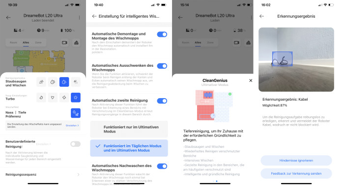 Die App des Dreame L20 Ultra bietet sehr viele Einstellungen für alles Mögliche - gut für alle, die den Roboter individualisieren wollen. Für Ungeduldige ist der Vollautomatikmodus Cleangenius da. (Screenshots: Berti Kolbow-Lehradt)