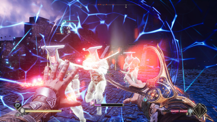 Im Kampf gegen Fantasy-Ritter aktvieren wir unseren Schutzschild und ballern mit roter Magie. (Bild: Ascendant Studios/Screenshot: Golem.de)