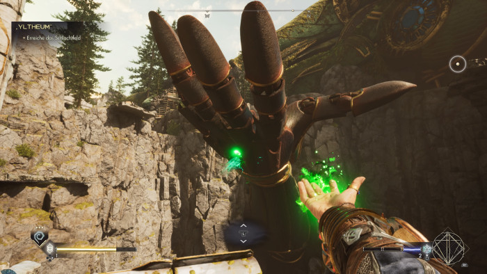 Mit dem grünen Zauber können wir manchmal Objekte wie diese Hand fernsteuern. (Bild: Ascendant Studios/Screenshot: Golem.de)