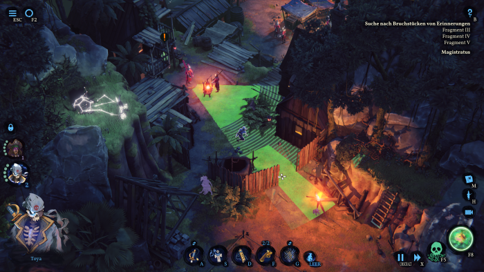 Im schraffierten Bereich des Sichtkegels gibt es keinen Alarm - solange wir geduckt und langsam schleichen. (Bild: Mimimi Games/Screenshot: Golem.de)