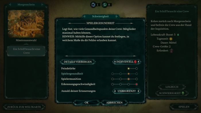 Vor jedem Einsatz legen wir den gewünschten Schwierigkeitsgrad fest. (Bild: Mimimi Games/Screenshot: Golem.de)