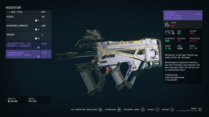 Die Waffen im Inventar sehen sehr detailreich aus. (Bild: Bethesda/Screenshot: Golem.de)