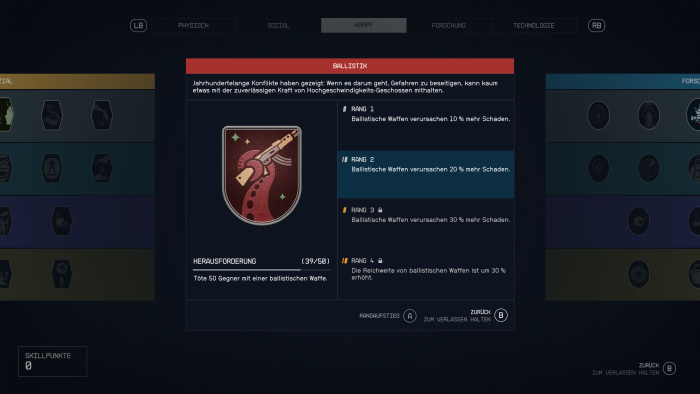 Die Skills im Talentbaum können mehrstufig gesteigert werden. (Bild: Bethesda/Screenshot: Golem.de)