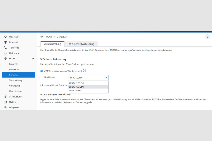 Das funktioniert derzeit jedoch nur unter dem Verschlüsselungsstandard WPA2. (Screenshot: Golem.de)