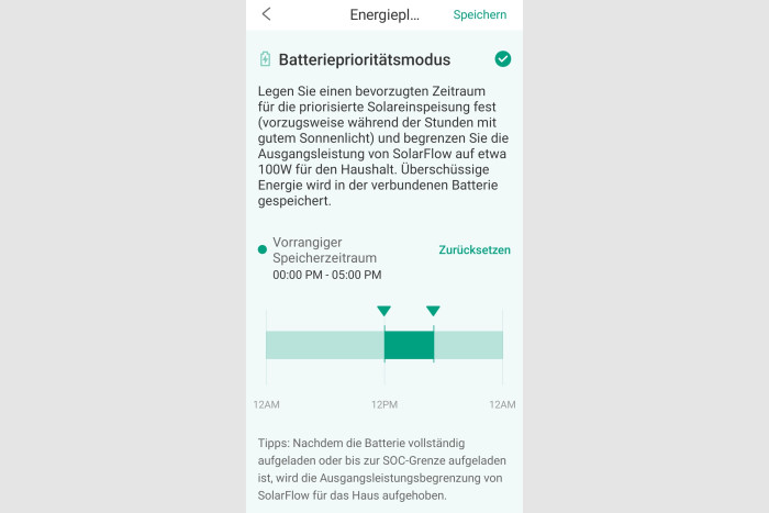 Im Batterieprioritätsmodus lässt sich die Einspeisung innerhalb eines bestimmten Zeitraums begrenzen. (Screenshot: Golem.de)