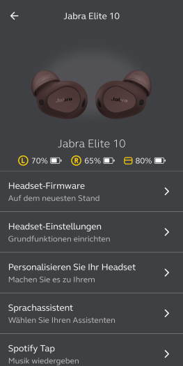 Jabras Sound+-App für Elite 10 mit vielen Einstellungen (Bild: Jabra/Screenshot: Golem.de)