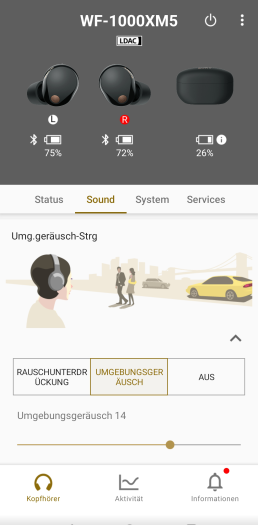 Der Transparenzmodus der WF-1000XM5 lässt sich anpassen. (Bild: Sony/Screenshot: Golem.de)