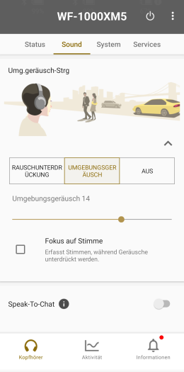 Der Transparenzmodus der WF-1000XM5 lässt sich anpassen. (Bild: Sony/Screenshot: Golem.de)