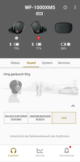 Wenn ANC deaktiviert ist, schirmen die WF-1000XM5 den Krach in der Umgebung weiterhin ab. (Bild: Sony/Screenshot: Golem.de)