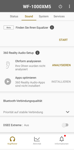 In der App für die WF-1000XM5 lässt sich viel einstellen. (Bild: Sony/Screenshot: Golem.de)