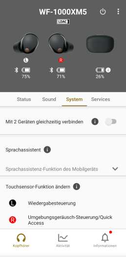 Bluetooth-Multipoint für die WF-1000XM5 lässt sich bei Bedarf abschalten. (Bild: Sony/Screenshot: Golem.de)