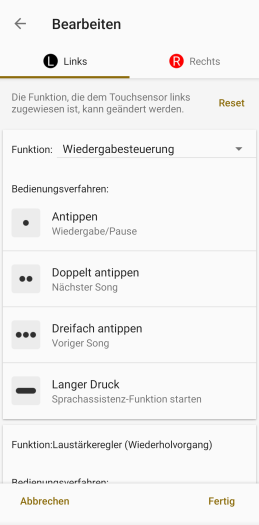 Die Sensorbelegung der WF-1000XM5 lässt sich nicht individualisieren. (Bild: Sony/Screenshot: Golem.de)