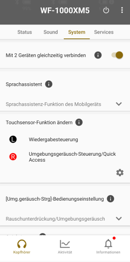 Bei den WF-1000XM5 lässt sich die ANC-Umschaltung ... (Bild: Sony/Screenshot: Golem.de)
