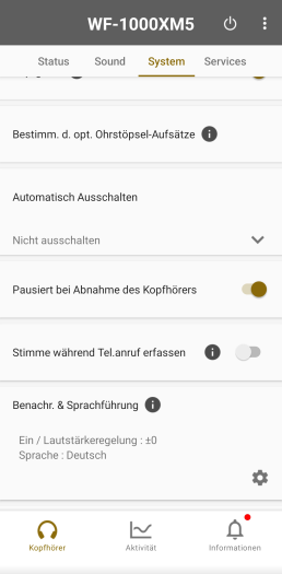 Die Ohrerkennung der WF-1000XM5 kann abgeschaltet werden. (Bild: Sony/Screenshot: Golem.de)