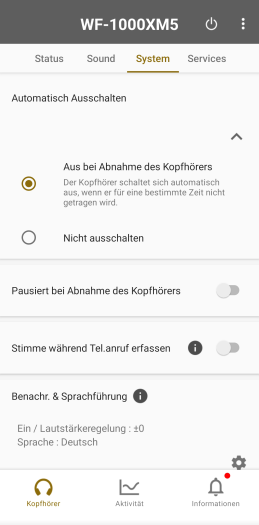 Nicht logisch: Nur wenn die automatische Abschaltung der WF-1000XM5 aktiviert ist, schalten sich die Sensorflächen ab, wenn die Stöpsel aus dem Ohr genommen werden. (Bild: Sony/Screenshot: Golem.de)