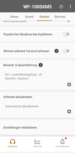 Die Aktualisierung einer neuen Firmware für die WF-1000XM5 lässt sich optimal steuern. (Bild: Sony/Screenshot: Golem.de)