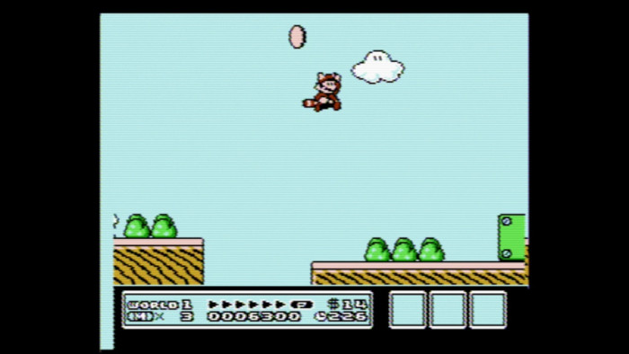 Gleich im ersten Level erhalten wir das Waschbärkostüm, mit dem Mario viel weiter springen und mit etwas Geschick sogar fliegen kann. (Bild: Nintendo/Screenshot: Medienagentur Plassma)