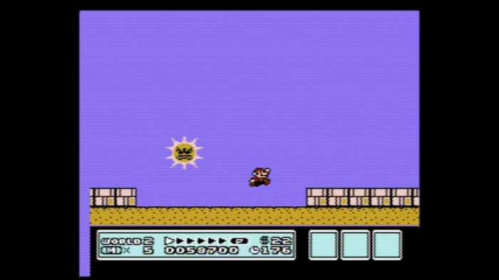 In der Wüstenwelt wird Mario von der grimmigen Sonne verfolgt, der er geschickt ausweichen muss. (Bild: Nintendo/Screenshot: Medienagentur Plassma)