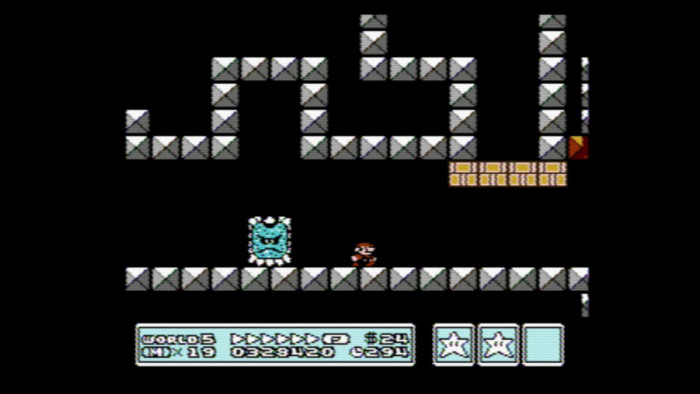 Das war knapp: Der böse dreinschauende Block hätte Mario sicherlich erschlagen, wenn er nicht in Vollgeschwindigkeit an ihm vorbeigerannt wäre. (Bild: Nintendo/Screenshot: Medienagentur Plassma)