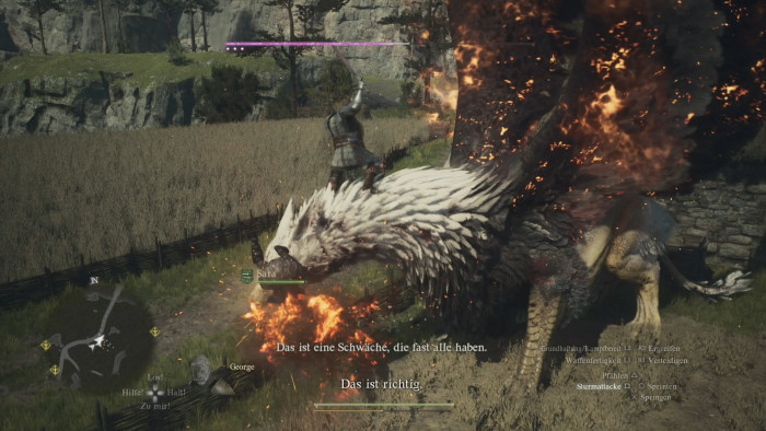 Der Kampf gegen riesige Monster ist ein Kernaspekt von Dragon's Dogma 2. Genau wie die manchmal unfreiwillig komischen Einwürfe unserer Vasallen. (Bild: Capcom/Screenshot: Florian Zandt) 