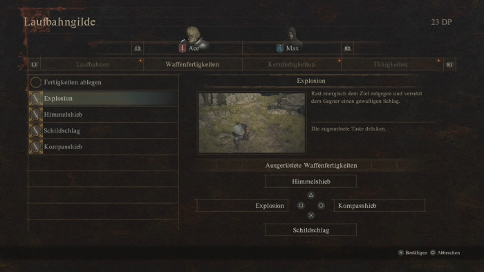 Wie im ersten Teil lassen sich Charaktere mit bis zu vier Fertigkeiten gleichzeitig ausrüsten, die im Vergleich zum Vorgänger jetzt auch eine Bewegtbildvorschau verpasst bekommen haben. (Bild: Capcom/Screenshot: Florian Zandt) 