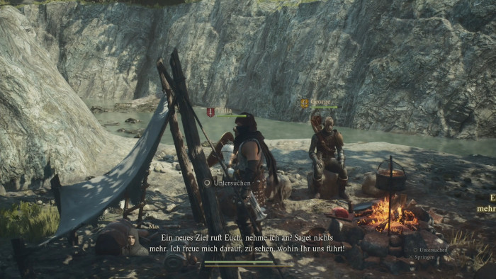 An Lagerfeuern lassen sich jetzt auch Lager aufschlagen, die einige Funktionen von Gasthäusern und Laufbahngilden vereinen. Hier können wir uns mit Mahlzeiten buffen, den Tag-Nacht-Wechsel anstoßen oder Fertigkeiten ausrüsten. (Bild: Capcom/Screenshot: Florian Zandt) 