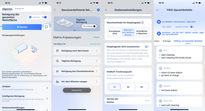 Eine KI-Vollautomatik wählt auf Wunsch alle Reinigungseinstellungen von allein. Individuell erstellten Szenarien helfen ebenfalls, Klicks zu sparen. Die App bietet viele Einstellungen und gibt auch Tipps, welche Befehle die Sprachassistenz Yiko im Idealfall versteht (Bild: Berti Kolbow-Lehradt)