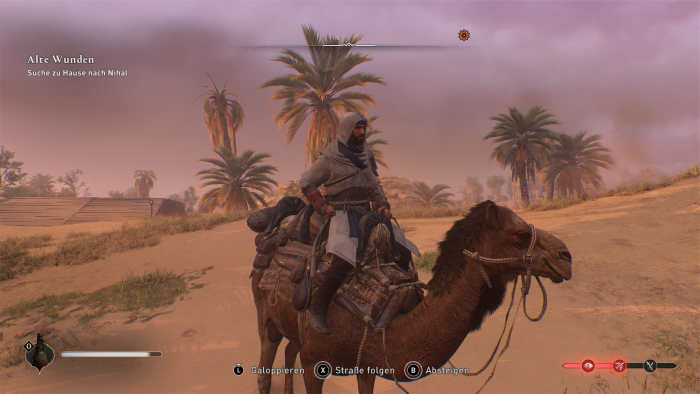 Per Kamel können wir durch die ziemlich leere Wüste reiten. (Bild: Ubisoft/Screenshot: Golem.de)