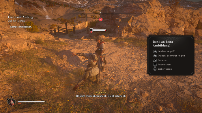 Roshan zeigt uns im Tutorial das Kampfystem. (Bild: Ubisoft/Screenshot: Golem.de)