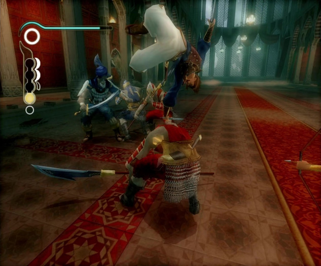 Im Zweifelsfall springt der Prinz über seinen Gegner, damit er ihn von hinten erdolchen kann. (Bild: Ubisoft/Screenshot: Medienagentur Plassma)