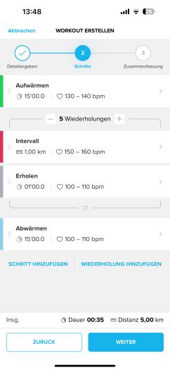 Auch Workouts - etwa ein Intervalltraining - können wir in der App selbst basteln. (Bild: Suunto/Screenshot: Golem.de)