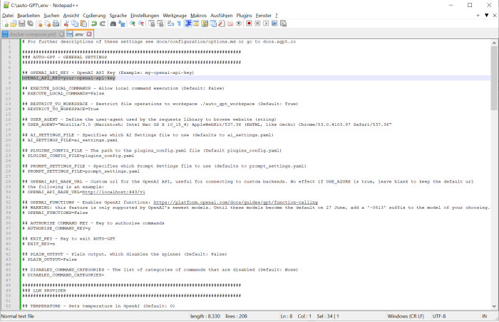 AutoGPT: Konfigurationsdatei (Screenshot: Christophe Leske)