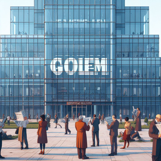 Bildbeschreibung an Dall-E 3: Gläsernes Redaktionsgebäude, auf einem großen Schild steht der Name Golem, vor dem Gebäude halten sich Menschen auf und lesen Zeitungen mit dem Titel IT-News. (Bild: Ki-generiert mit Dall-E 3)