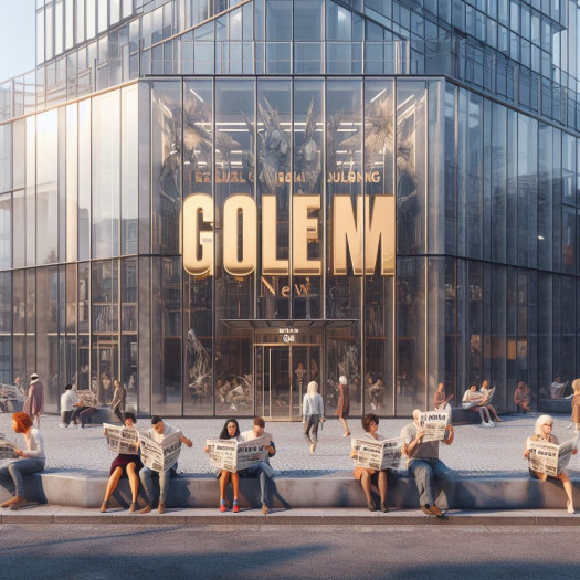 Bildbeschreibung an Dall-E 3: Gläsernes Redaktionsgebäude, auf einem großen Schild steht der Name Golem, vor dem Gebäude halten sich Menschen auf und lesen Zeitungen mit dem Titel IT-News. (Bild: Ki-generiert mit Dall-E 3)