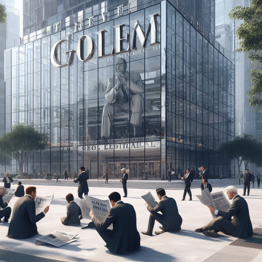 Bildbeschreibung an Dall-E 3: Gläsernes Redaktionsgebäude, auf einem großen Schild steht der Name Golem, vor dem Gebäude halten sich Menschen auf und lesen Zeitungen mit dem Titel IT-News. (Bild: Ki-generiert mit Dall-E 3)