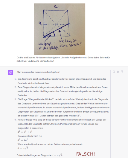 Beim Verarbeiten räumlicher Zusammenhänge unterlaufen dem Modell häufig Fehler. Die hier dargestellte relativ einfache Geometrie-Aufgabe wird nicht korrekt gelöst.  (Bild: Helmut Linde)