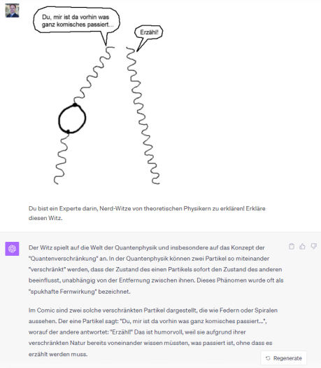 GPT-4V kann Erklärungen zu bislang unveröffentlichten Memes erzeugen, trifft die Pointe des Witzes aber nicht immer ganz genau. Im Beispiel erkennt das Modell zwar, dass zwei quantenmechanische Teilchen als sogenannte Feynman-Diagramme dargestellt sind, merkt aber nicht, dass sich das linke Photon kurzzeitig in ein virtuelles Paar aus Elektron und Positron verwandelt hatte und ihm damit etwas Komisches passiert ist.  (Bild: Helmut Linde)