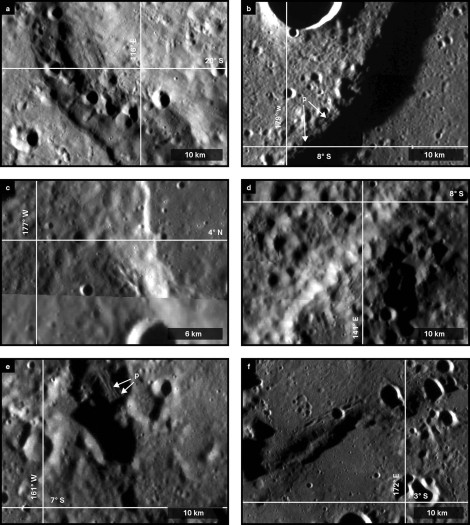 Beispiele für Gräben auf dem Merkur (credits: NASA/JHUAPL/CIW).