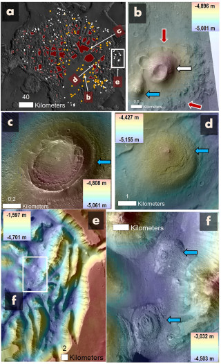 Aufnahmen von der Region mit dem entdeckten Schlammsee (credits: J. A. P. Rodriguez, M. B. Wilhelm, B. Travis, et al.).