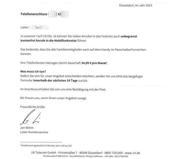 Schreiben von 1N Telecom ohne Briefkopf (Bild: Verbraucherzentrale)