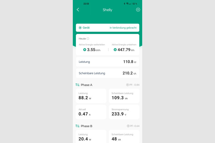 Die Zendure-App zeigt dann in Echtzeit die Verbrauchsdaten an. (Screenshot: Golem.de) 