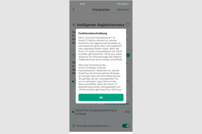 Der Modus &quot;Priorität Haushaltsstrom&quot; versucht, die Einspeiseleistung möglichst genau an den Verbrauch anzupassen. (Screenshot: Golem.de)