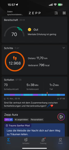 Anzeige von der Bereitschaft und den Schritten in der Begleit-App von Amazfit. (Bild: Amazfit/Screenshot: Golem.de)
