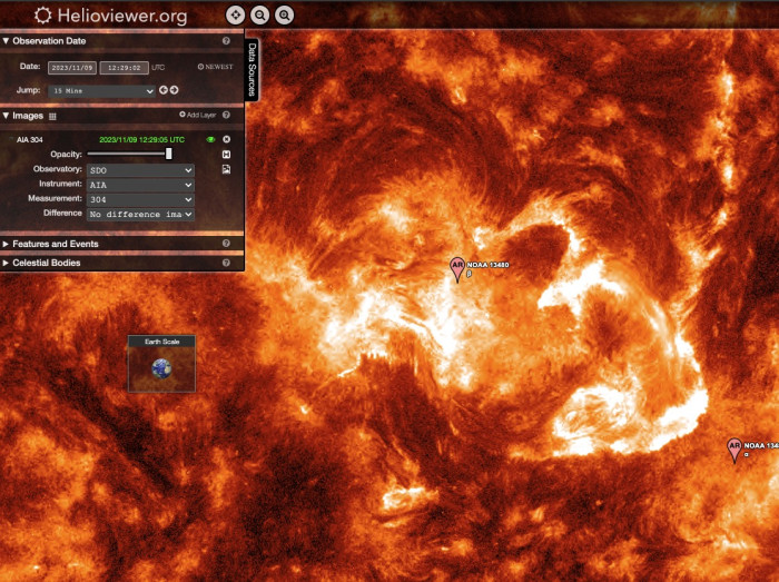 Sonnenaktivität nach dem Massenauswurf vom 9. November 2023 (Bild: Helioviewer.org)