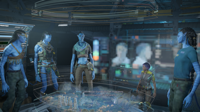 Besprechung im Hauptquartier mit Na'vi- und Menschen-Widerstandskämfern. (Bild: Ubisoft/Screenshot: Golem.de)