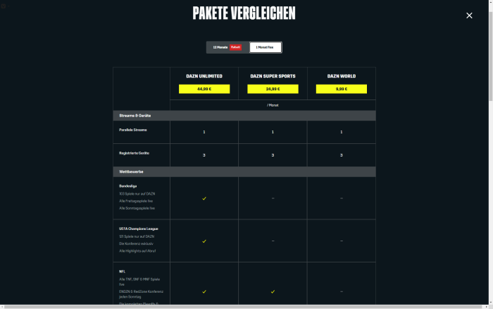 In allen Dazn-Abos gibt es keine parallelen Streams mehr und sie dürfen nur auf drei Geräten verwendet werden. (Bild: Dazn/Screenshot: Golem.de)