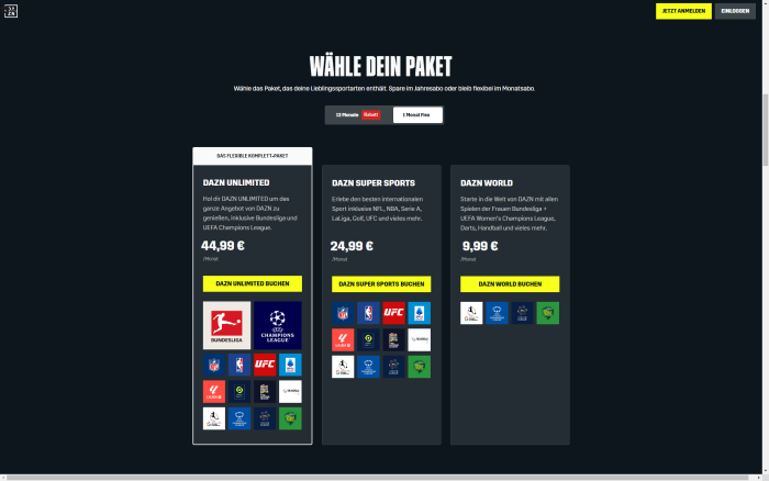 Auf der Dazn-Homepage werden nur die aktuellen Bezahlabos aufgeführt, das Gratisabo taucht nicht auf. (Bild: Dazn/Screenshot: Golem.de)