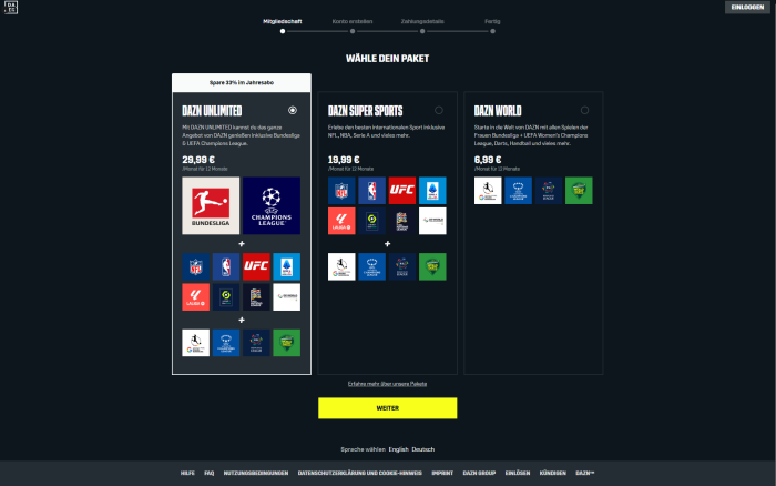 Beim Anlegen eines Dazn-Kontos wird das Gratisabo nicht immer angeboten. (Bild: Dazn/Screenshot: Golem.de)+