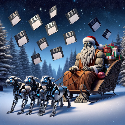 Dall-E 3 erzeugt auch zu komplexen Anfragen passende Bilder: In diesem Falle einen "als Weihnachtsmann verkleideten Golem, der auf einem von Roboterhunden gezogenen Schlitten sitzt, während es Disketten schneit". (Bild: KI-generiert mit Dall-E 3)