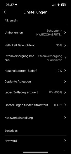 Einstellmöglichkeiten des Wechselrichters in der Ecoflow-App (Screenshot: Mario Keller)